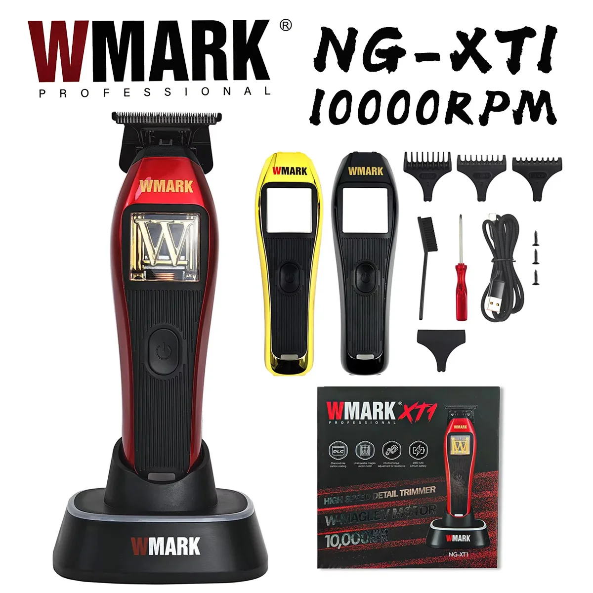 Professional WMARK NG-XT1 3-shell High Motor 10000RPM Hair Trimmer DLC Blade Hair Clipper Men Barber Machine with Charging Base