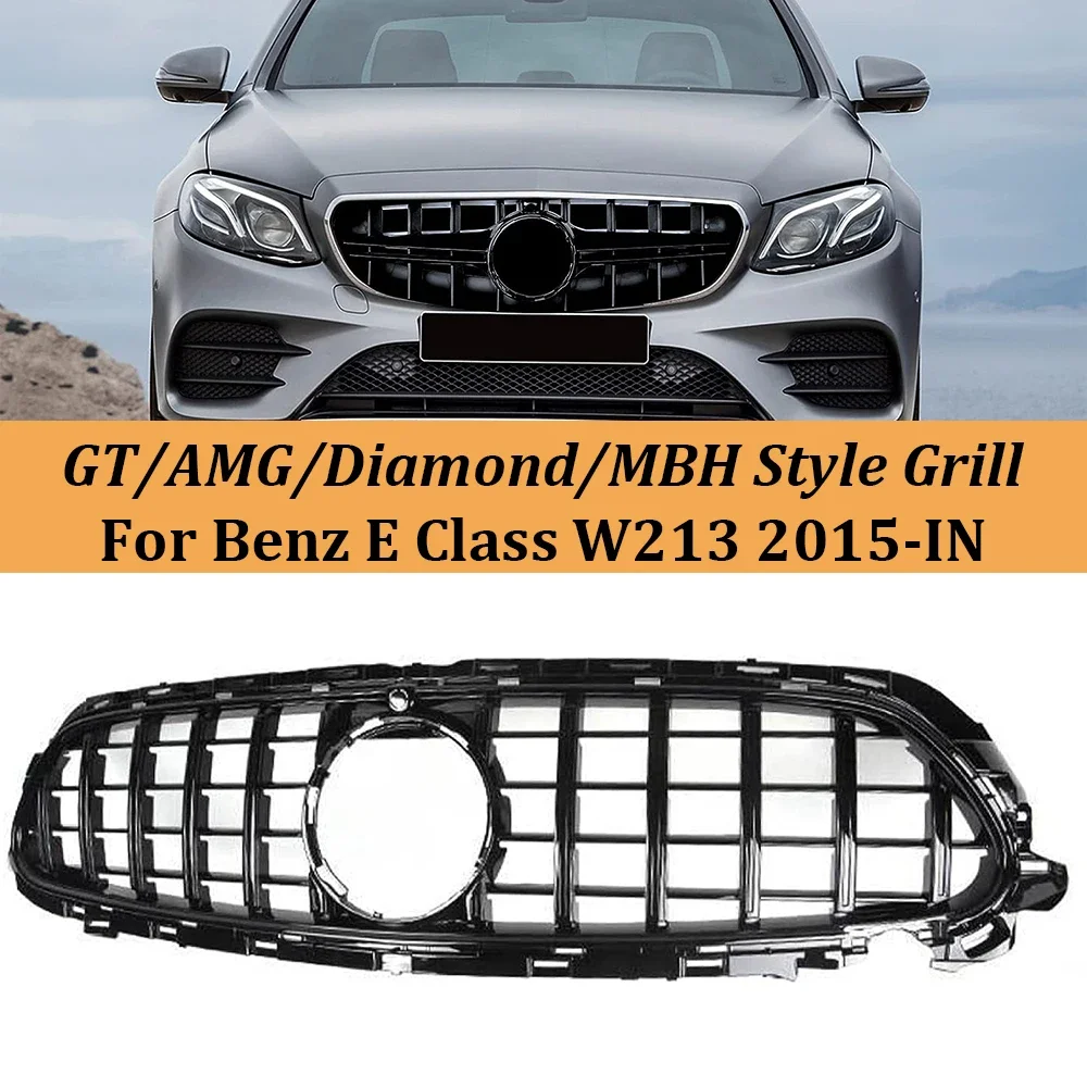 

GT Diamond Style Car Front Hood Grill Grille for Mercedes Benz E-Class W213 2015+ E200 E300 E250 Kidney Grille with Camera Hole