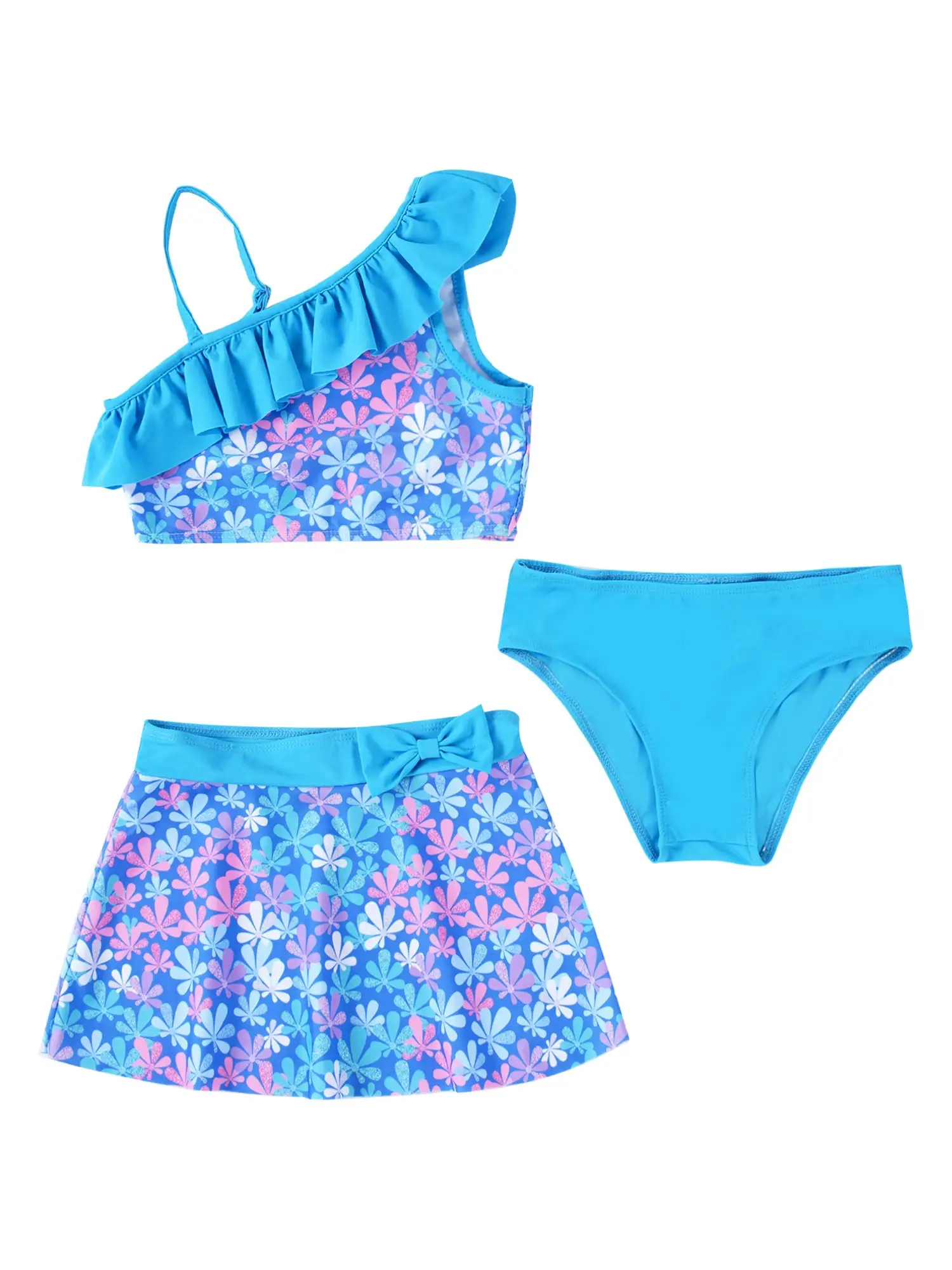 Kids Girls 3 Pieces Tankini Swimsuit Ruffles One Shoulder Crop Tops with Bottom Skirt Summer Beach Sport Swimwear Bathing Suit