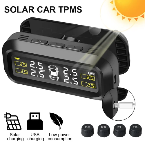 Sistema de Monitoreo de presión de neumáticos TPMS Solar, advertencia de temperatura, ahorro de combustible con 4 sensores externos, Monitor de presión de neumáticos de coche