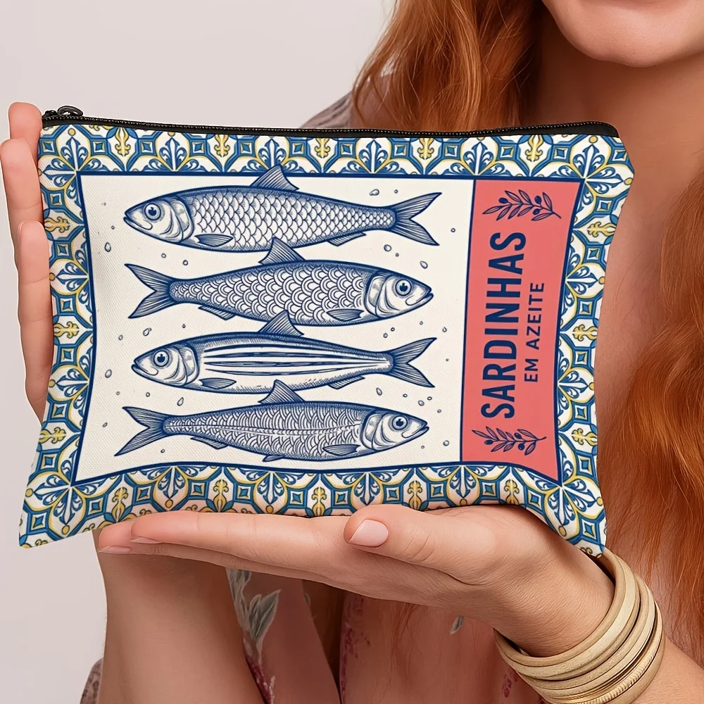Vintage Fish Sardine Print Cosmetic Bag Lightweight Travel Makeup Organizer Portable Toiletry Pouch with Zipper Closure