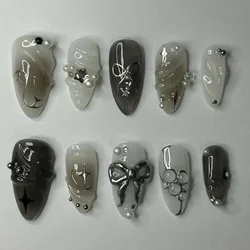 24pcs Spice Girls Black Press on Nails 3D Bowknot Sweet Cool False Nails Patch Heavy Metal Punk Style Fake Nails Tips for Girls