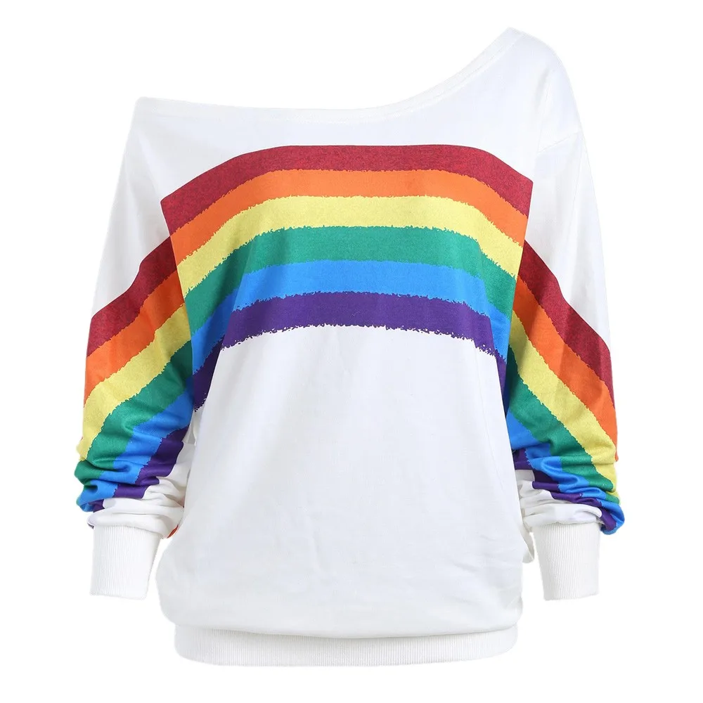 Pullovers Women Spring Loose One Shoulder Rainbow Striped Sweater Ulzzang Chic Hot Knitwear Jumper New Sweet Girl Streetwear