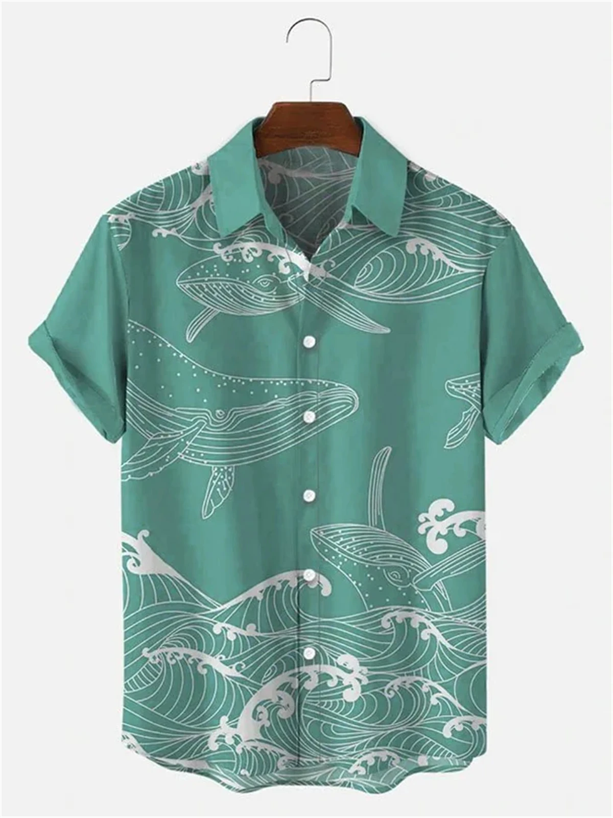 Hawaiian Men\'s Short Sleeve Shirt Whale Spray Print Beach Fashion Men\'s Lapel Top 2024 New Large Size Casual Men\'s Shirt