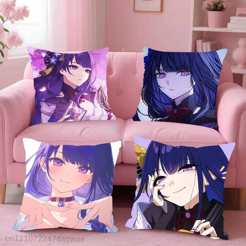 

Genshin Impact Raiden Shougun Pillow Case For Sofa Bedroom Living Room Plush Cushion Cover Decorations and Protector