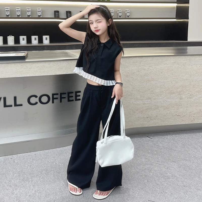 Design 4 6 8 10 12 14 teenage sleeveless wide leg pants set Flip collar ruffled top trousers 2pcs junior kids suit child outfits