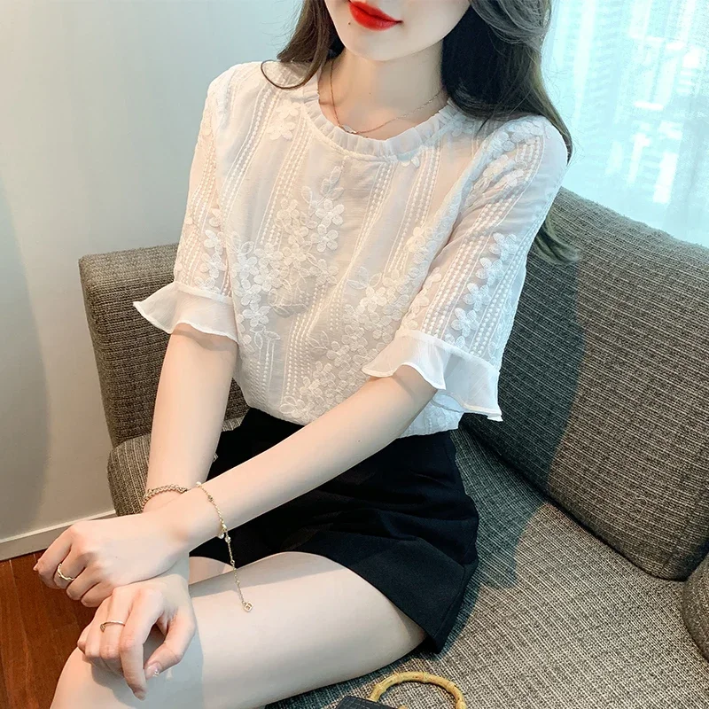 Summer Short Sleeve Blouse Women White Lace Blouse Shirt Tops Women Blusas Mujer De Moda 2024 Blouses Shirts F2307