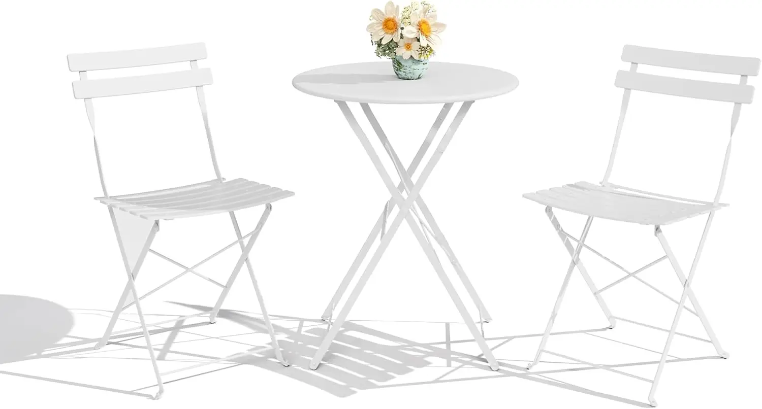 

3-Piece Outdoor Furniture with Round Table & 2 Folding Chairs, Compact Balcony Set for Small Spaces, Porch/Garden, White
