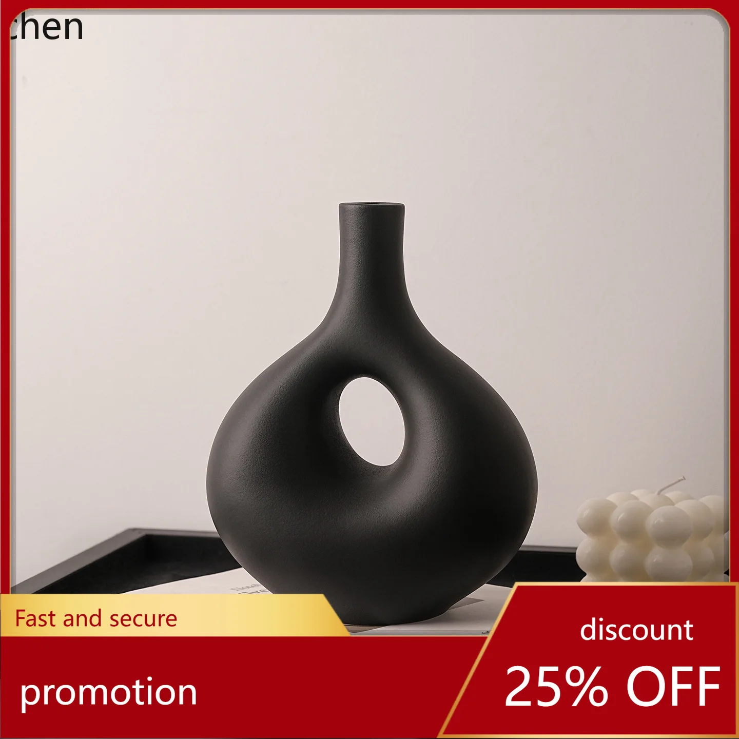 

CZ Creative Ceramic Circular Black Vase Set Simple Home Living Room Flower Arrangement High-End Hollow Decorative Piece