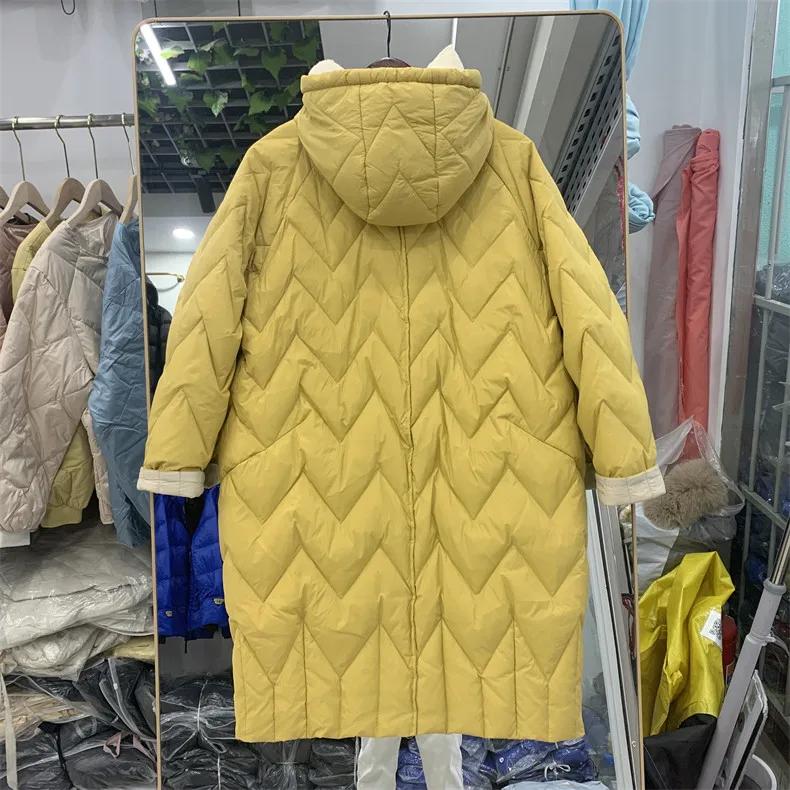 Autumn Winter Warm Knitted Patchwork Hooded Coat Women Thicken White Duck Down Jacket Parka Female Bigsize Long Puffer Outwears