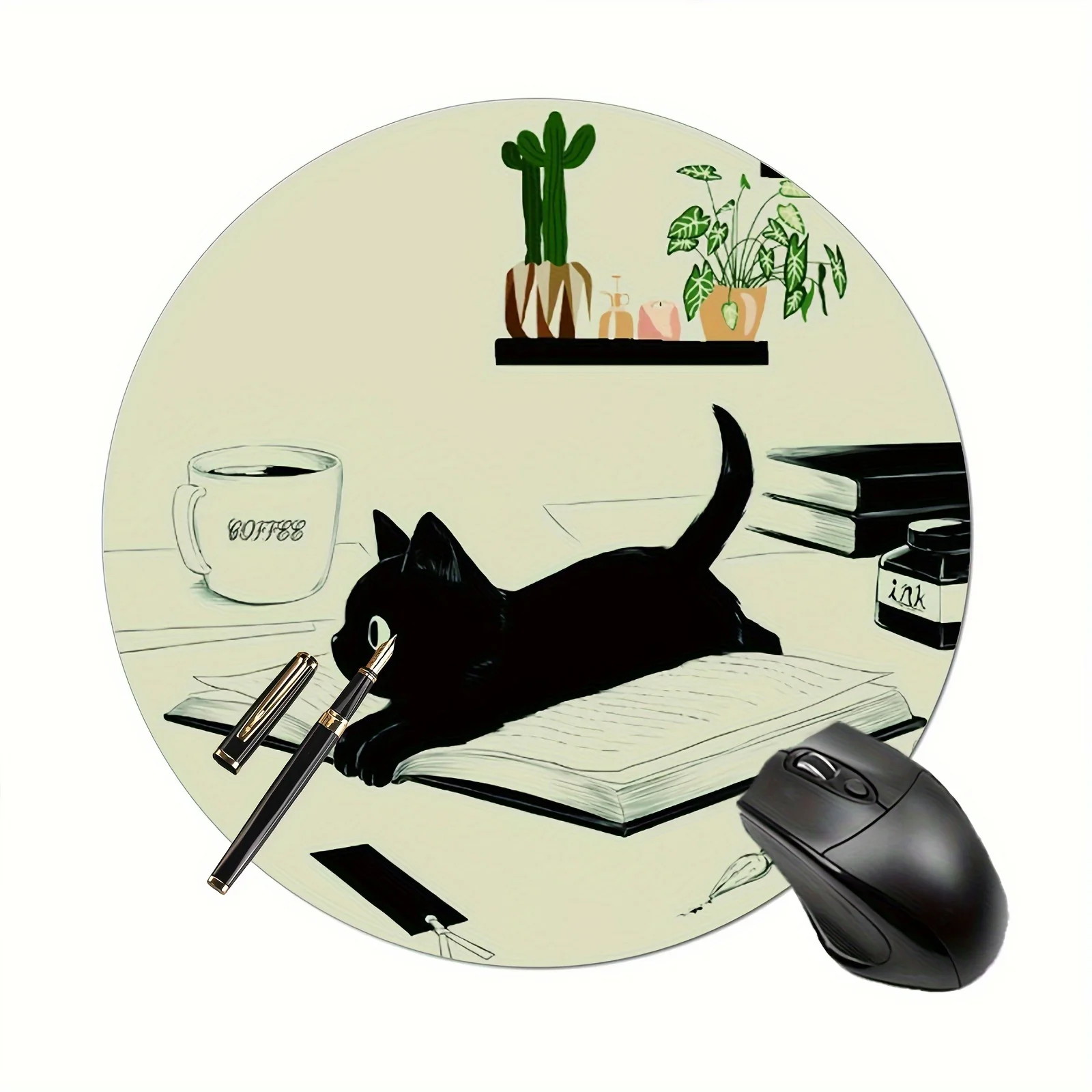 Black Cat Mouse Pad Non-Slip Black Cat Reading Gaming Mouse Pad Washable Round Mousepad Office Computers Laptops, Cat Mouse Pads