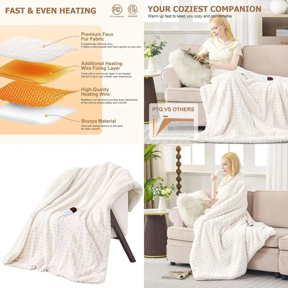 

Одеяло с подогревом 62x84 — 6 уровней нагрева, 10 настройков таймера, мягкий искусственный мех и шерпа, можно стирать в машине, идеальный подарок для женщин (I