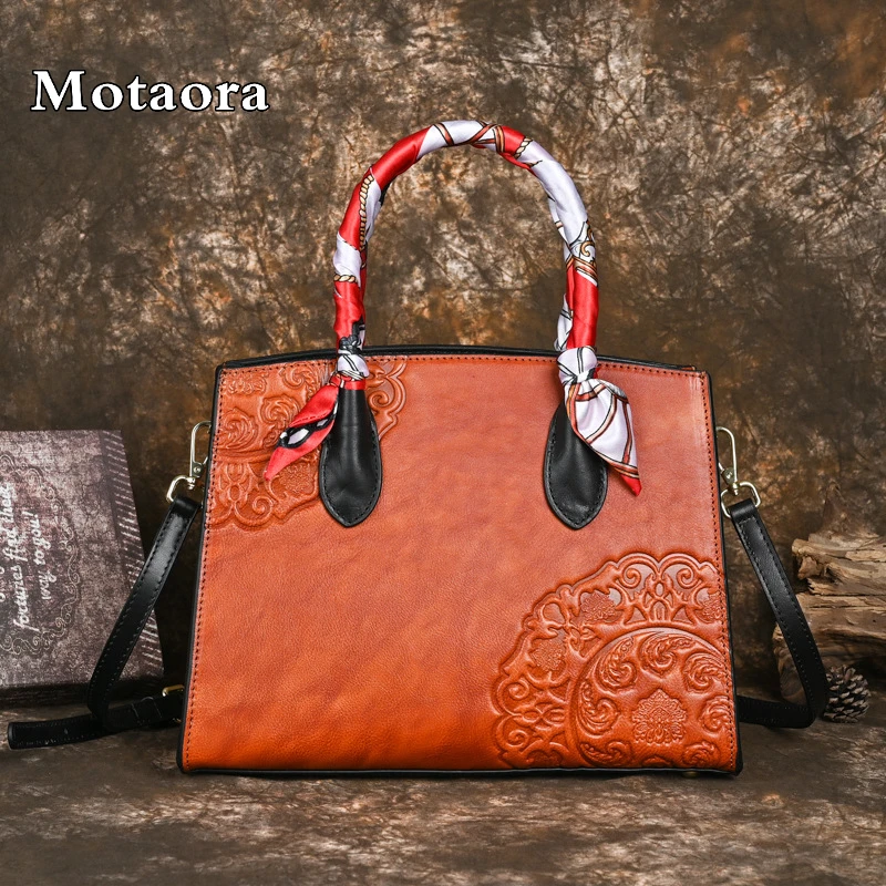 MOTAORA New Vintage Women Shoulder Bag 2024 Genuine Leather Handmade Carved c Ladies Large Capacity Casual Crossbody Bags