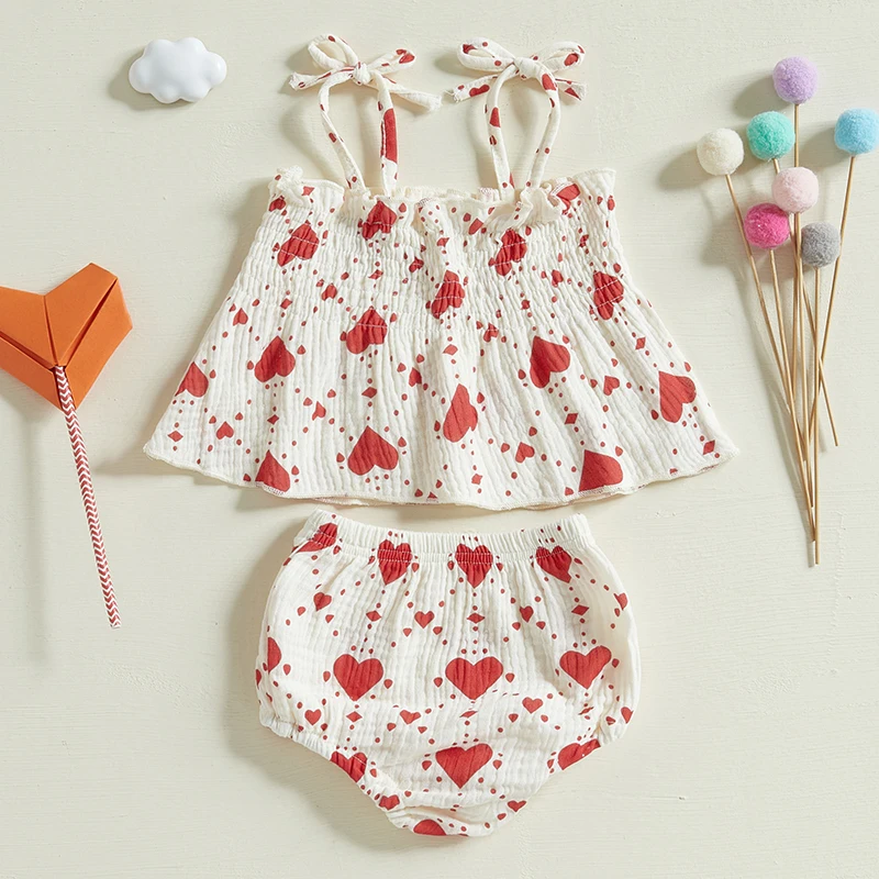 Baby Girls Heart Shorts Set Sleeveless Smocked Camisole Elastic Waistband Shorts Valentine s Day Outfits