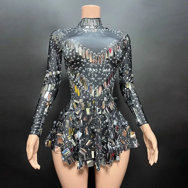 

Customized Sparkling Diamond Party Elegant Slimming Long Sleeve Short Skirt Mini Dress dance clothes women костюм для танцев
