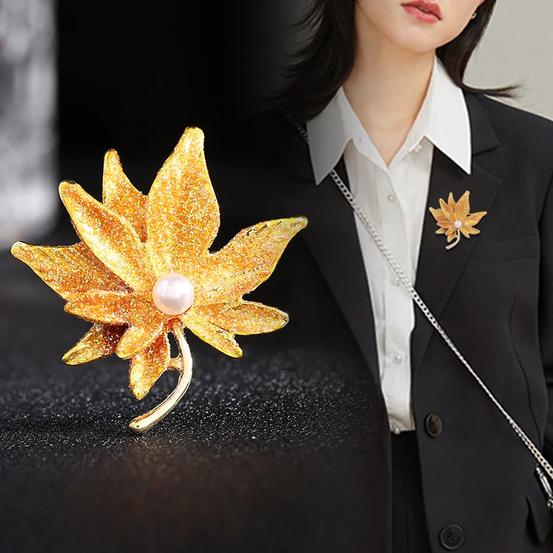 Red Maple Brooches for Women Unisex Rhinestone Maple Leaf Pearl Pins Women Coat Dress Lapel Pins Clothing Accessories Jewelry