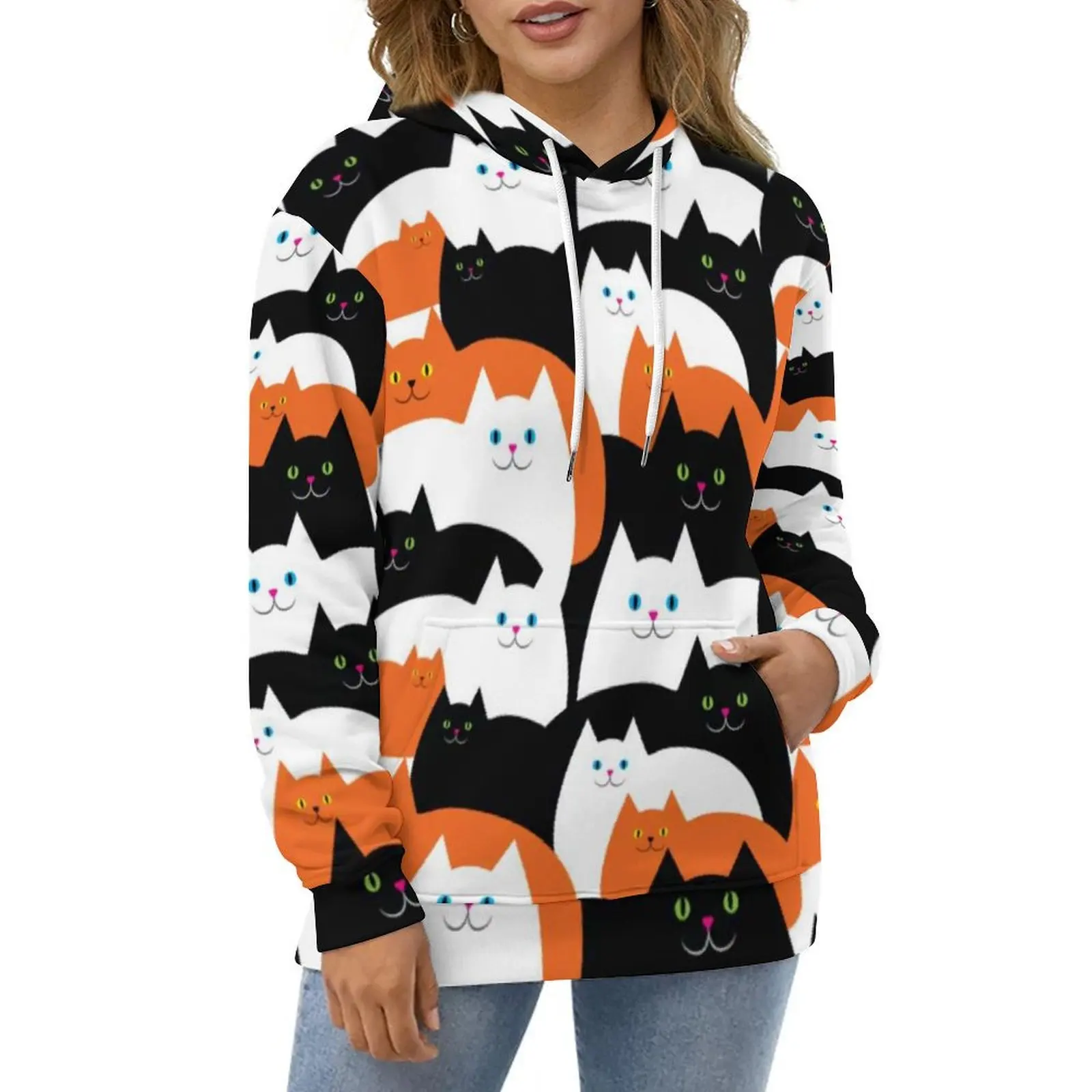 Halloween Cat Hoodies Funny Cats Trick Or Treat Hip Hop Oversize Hoodie Women Long Sleeve Kawaii Design Casual Sweatshirts