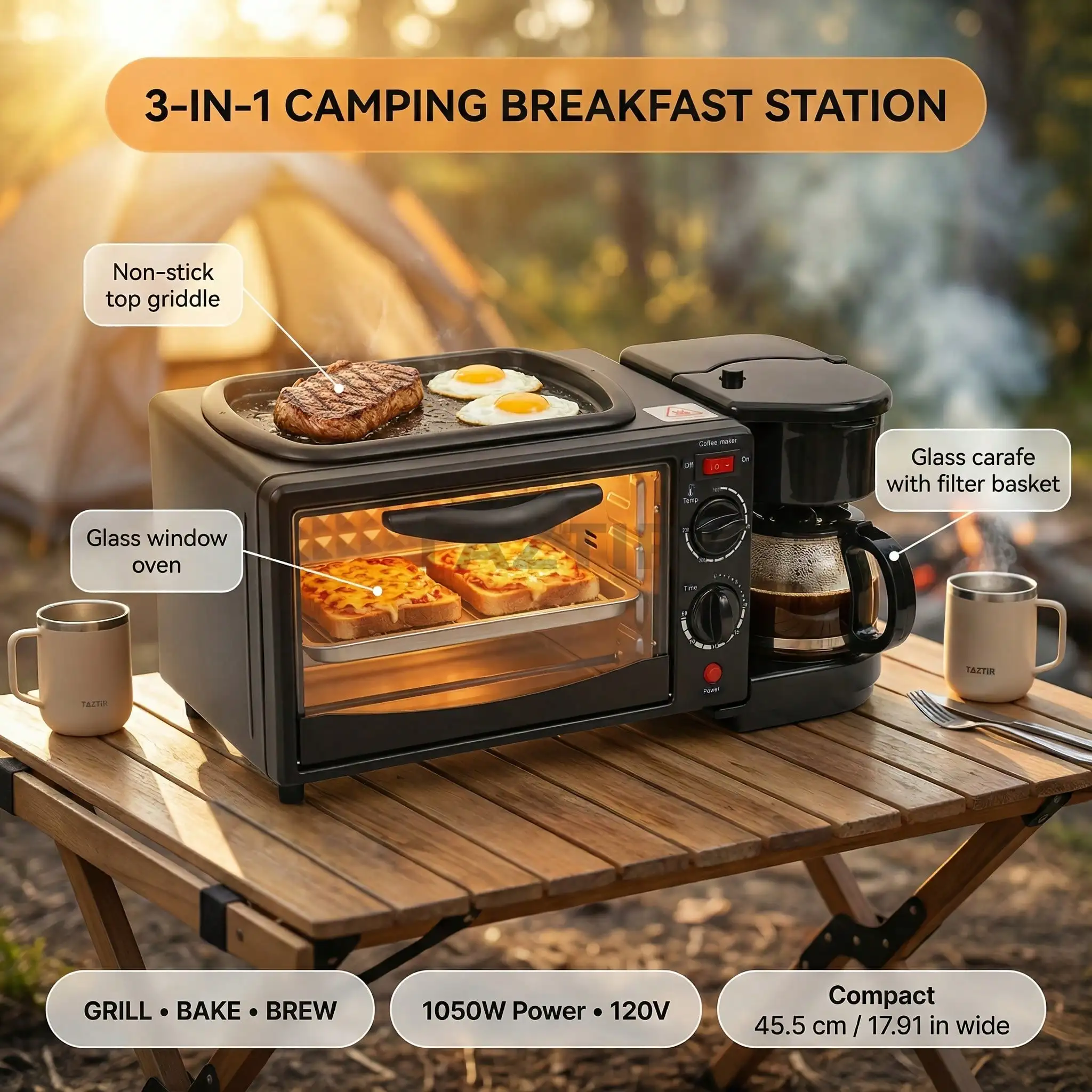 4-In-1 Portable Breakfast Station - Bake, Toast, Pan-Fry & Brew Coffee/Tea, 60-Min Timer, Easy-Clean & User-Friendly Knobs - Black, Modern Kitchenware, Outdoor Cooking, Sleek Design, Sturdy Construction, Multifunctional Appliance,  sv25083148412147737