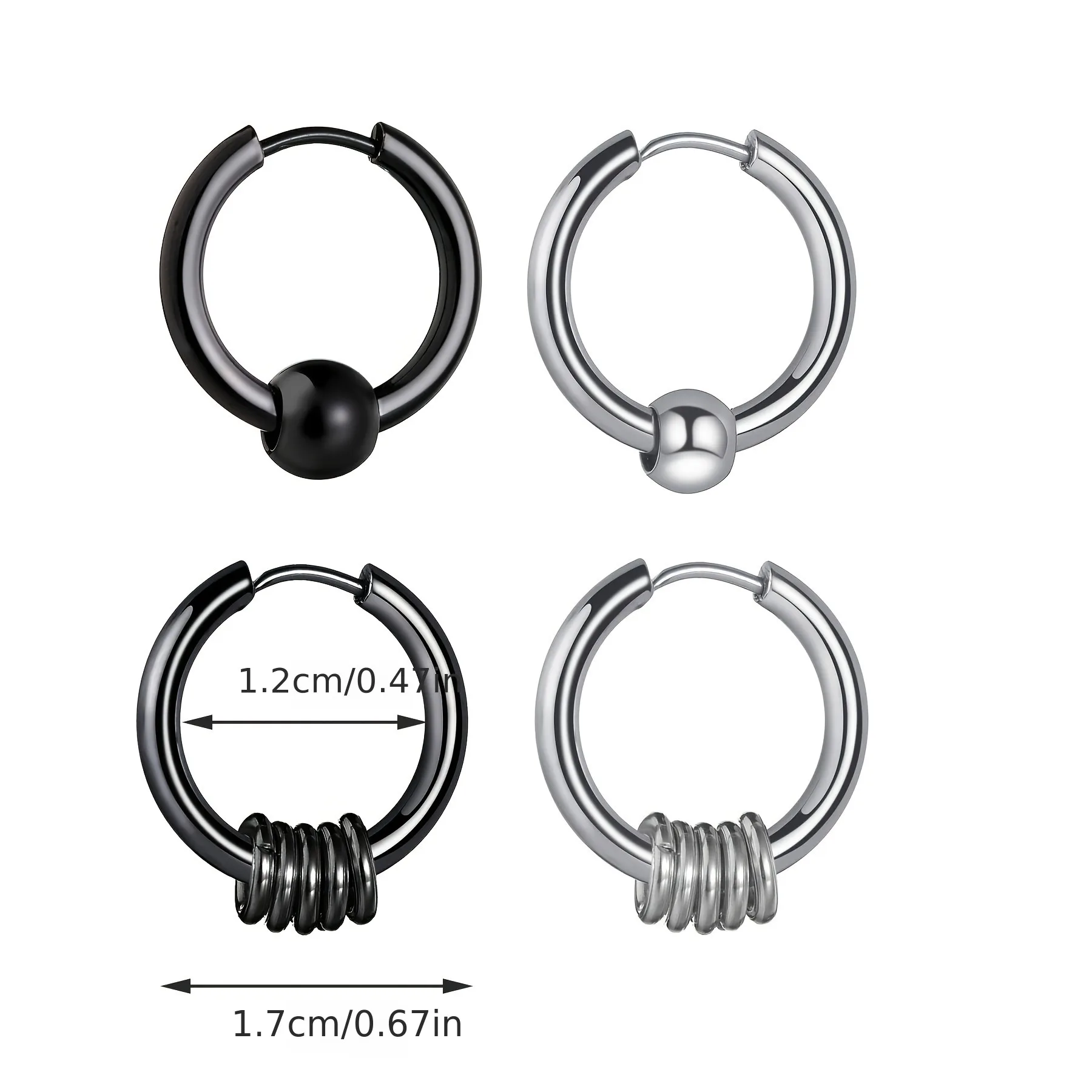 2pcs Stainless Steel Hoop Earrings For Men Small Circle Metal Ball Anti-allergic Ear Buckle Rock Hip Hop Artificial Jewelry