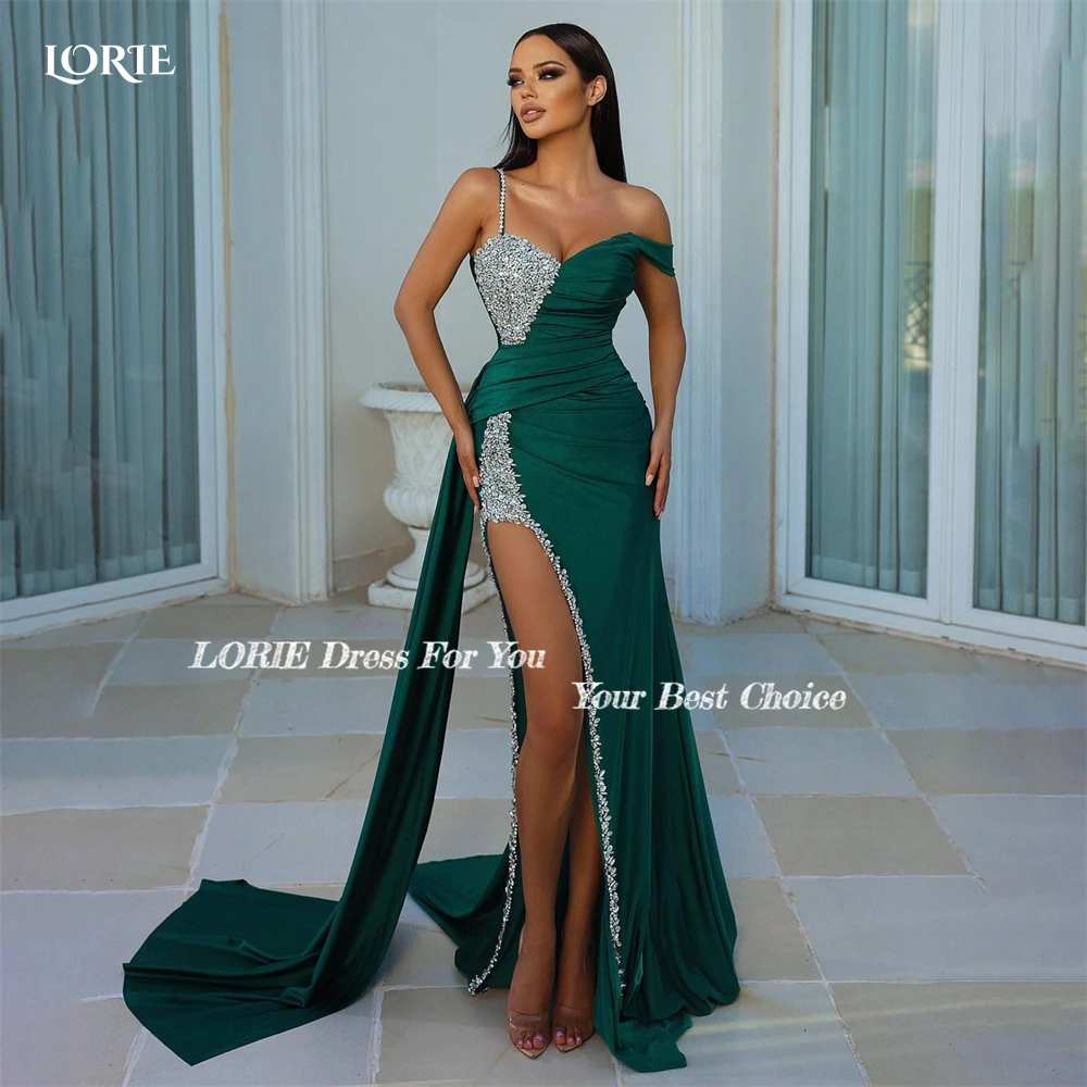 LORIE Dark Green Glitter Luxury Evening Dresses Dubai Satin Mermaid Side Split One Shoulder Prom Dress Arabia 2022 Party Gowns