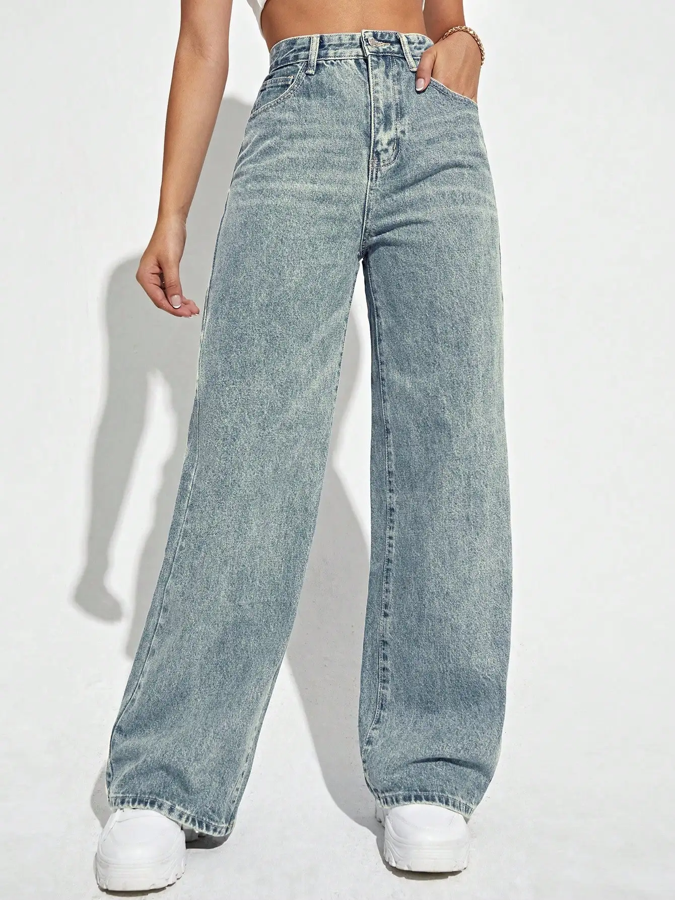 

Женские джинсы с высокой талией, широкими штанинами и карманами, свободного кроя, в повседневном уличном стиле