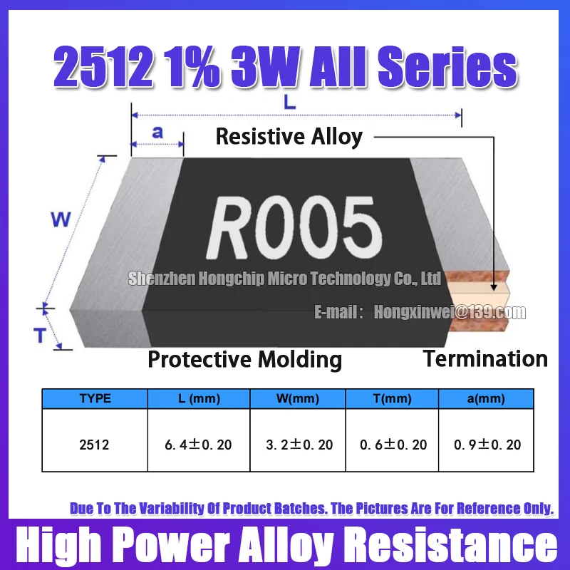 Resistencia de aleación de alta potencia, 2512, 1%, 3W, 3R, R300, 0,3 ohmios, detección de corriente, 6,4x3,2mm-55 ~ + 170 ℃, 10 piezas