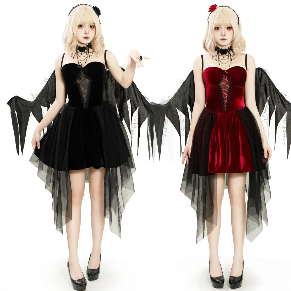 

Новый костюм на Хэллоуин: Черный ангел, красный дьявол, вампир, темная серия, корсет с поясом и крыльями, сексуальная мини-юбка