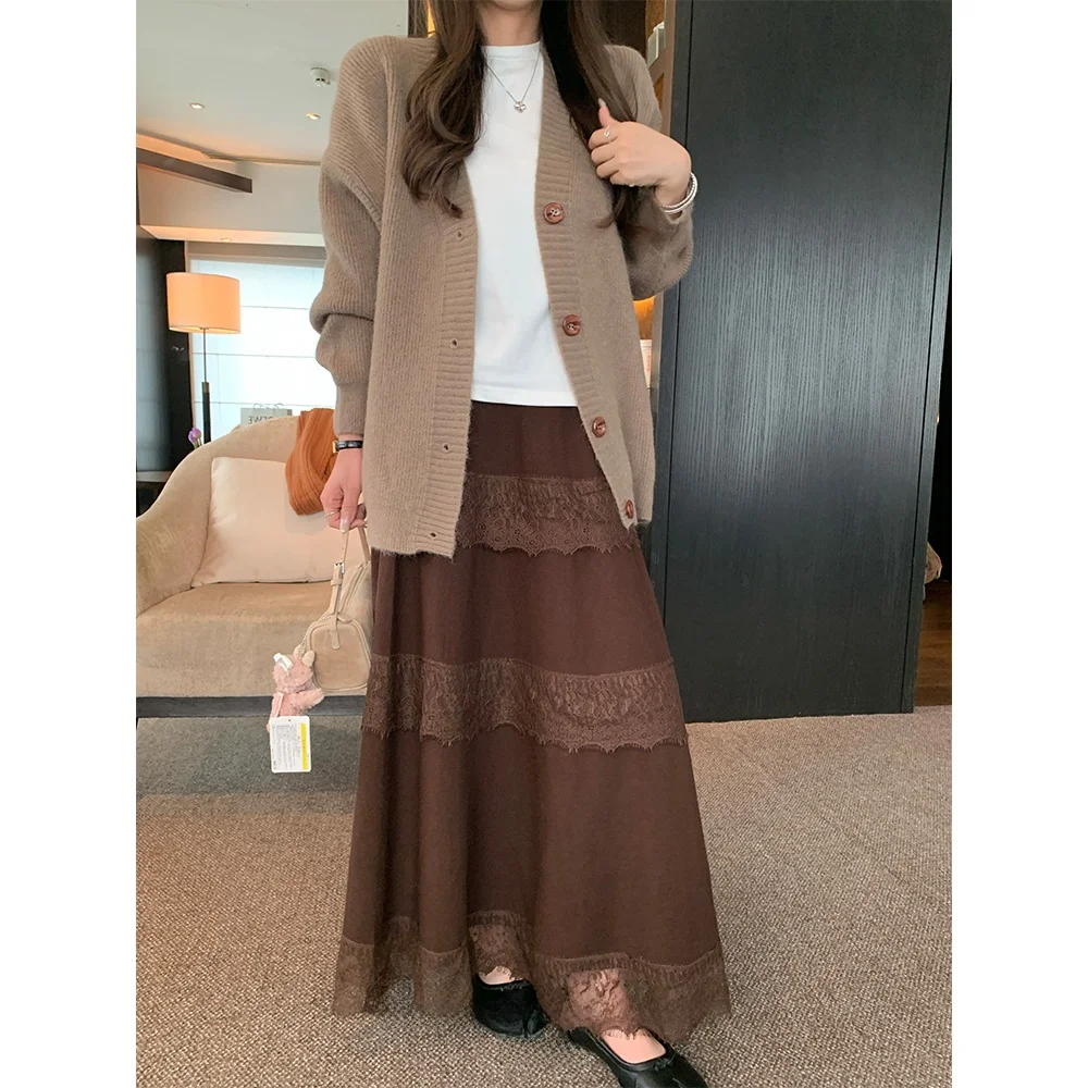 

Коричневая кружевная юбка А-силуэта свободного кроя со средней талией для женщин, повседневная, для осеннего сезона, материал: 00%