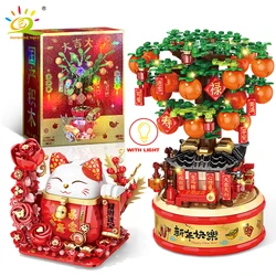 HUIQIBAO Maneki Neko Lucky Cat Model Building Blocks New Year Orange Tree Ornaments Bricks Set City Construction Kids Toys Gift