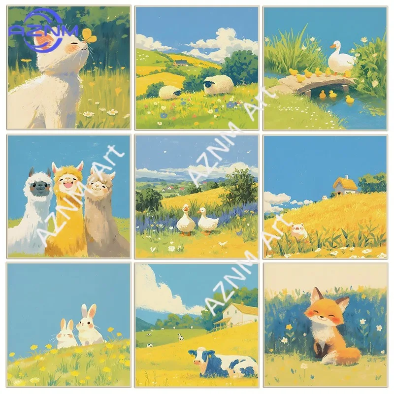 Lovely Animal Spring Field Nursery Poster Cute Otter Cat Duck Fox Sheep Canvas Painting Wall Art for Farm Living Room Home Decor