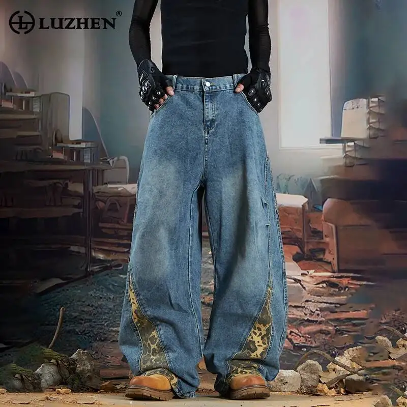 

LUZHEN 2026 New Original Wide Leg Splicing Leopard Print Design Denim Pants Men's Trendy Street Loose Casual Male Jeans JY6792