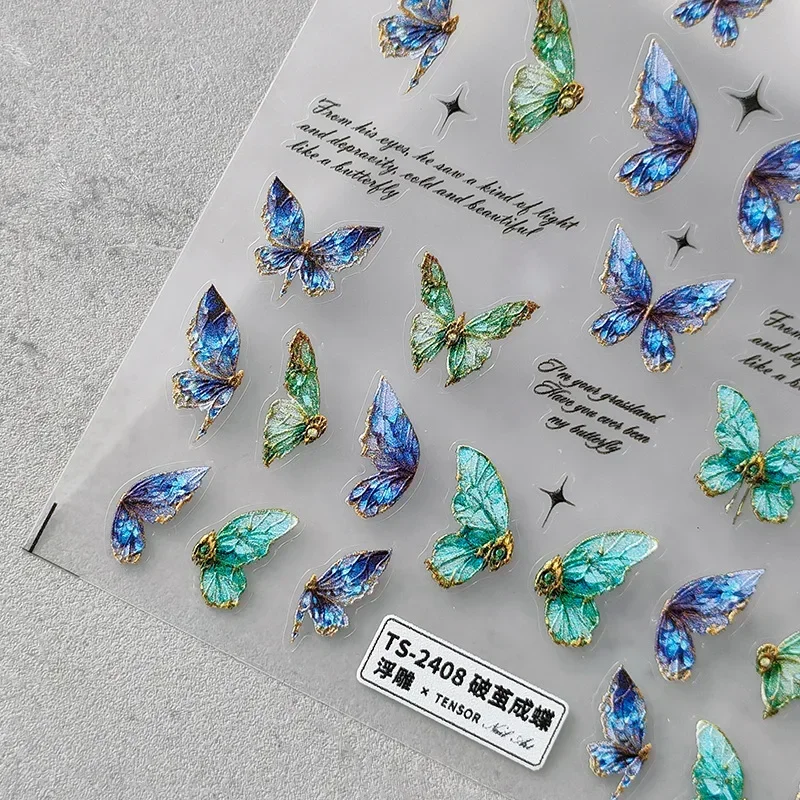 5D Green Blue Gorgeous Butterfly Shiny Nail Stickers Forest Mysterious Vibe Nail Art Self Adhesive Word Nail Accessories