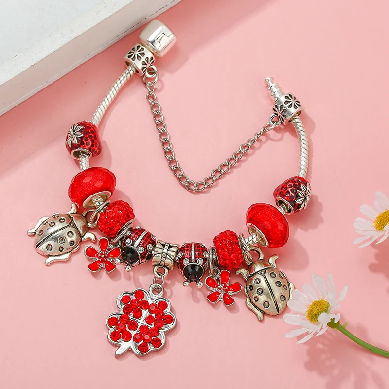 TOGORY Spring Styles Charm Bracelet With Crystal Ladybug Pendant Bracelet For Women Men Jewelry Gift Wholesale Dropshipping