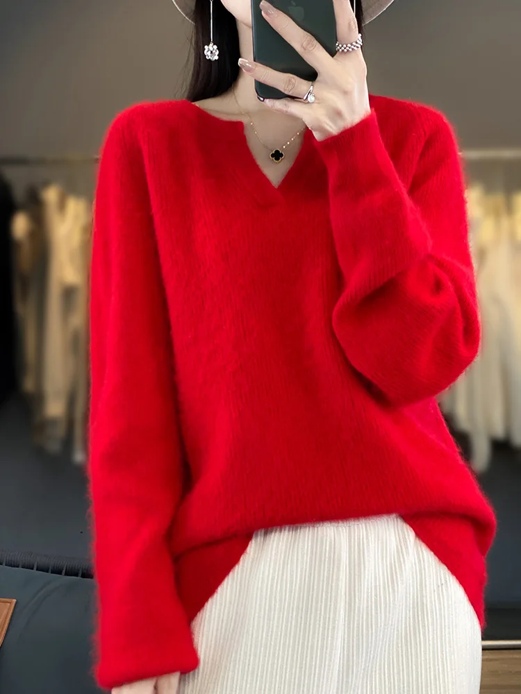 Aliselect Women\'s Super Warm 100% Mink Cashmere Sweater Thick V-Neck Pullovers High Quality Soft Tops Casual Basic Jumper Winter