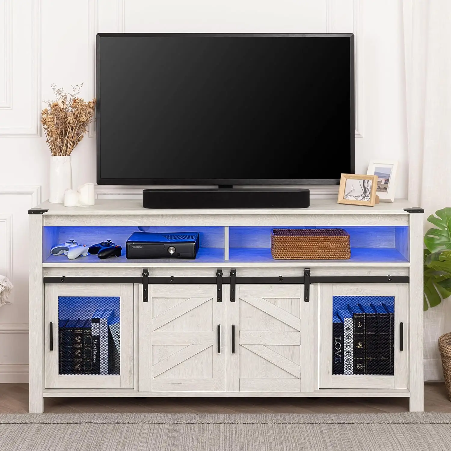 LED Farmhouse TV Stand Sliding Barn Doors 65 Inch Antique White Mesh Storage Tall Console Blue Lights, Customized