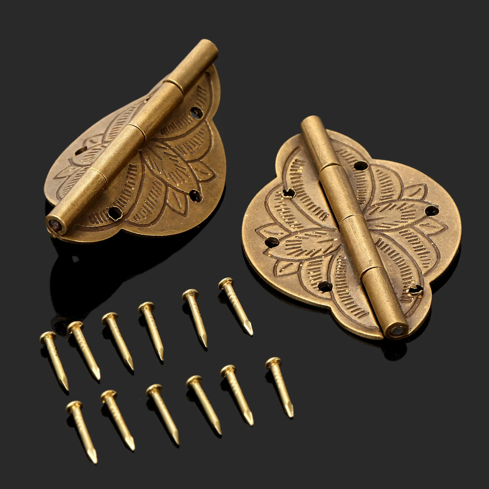 2Pcs Brass Hinges Wooden Jewelry Box Cabinet Cupboard Door Embossed Decorative Hinge Retro Vintage Chinese Furniture Hardware
