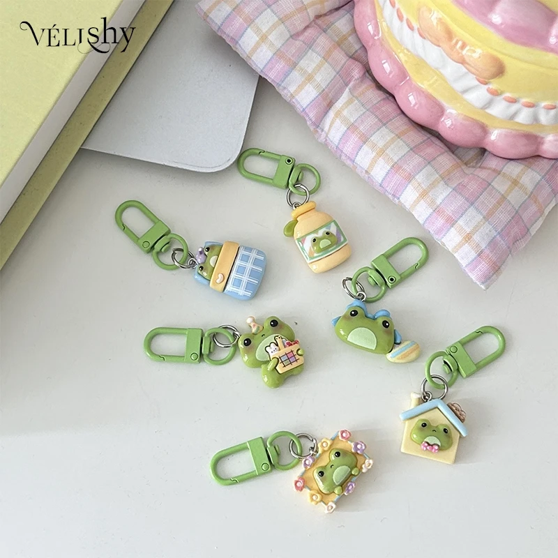 Cartoon Frog Key Chain Cute House Vase Photo Frame Frog Pendant Car Key Ring Backpack Charms Bag Decor Accessories