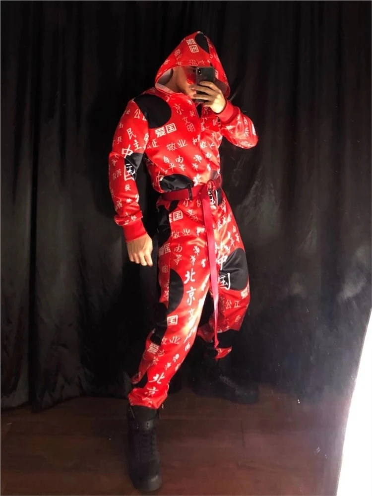 Homem Vermelho Impresso Macacão Boate DJ Cantor Hip Hop Rock Dance Outfit Stage Wear Bar Clube Festa Traje Cantor Outfit