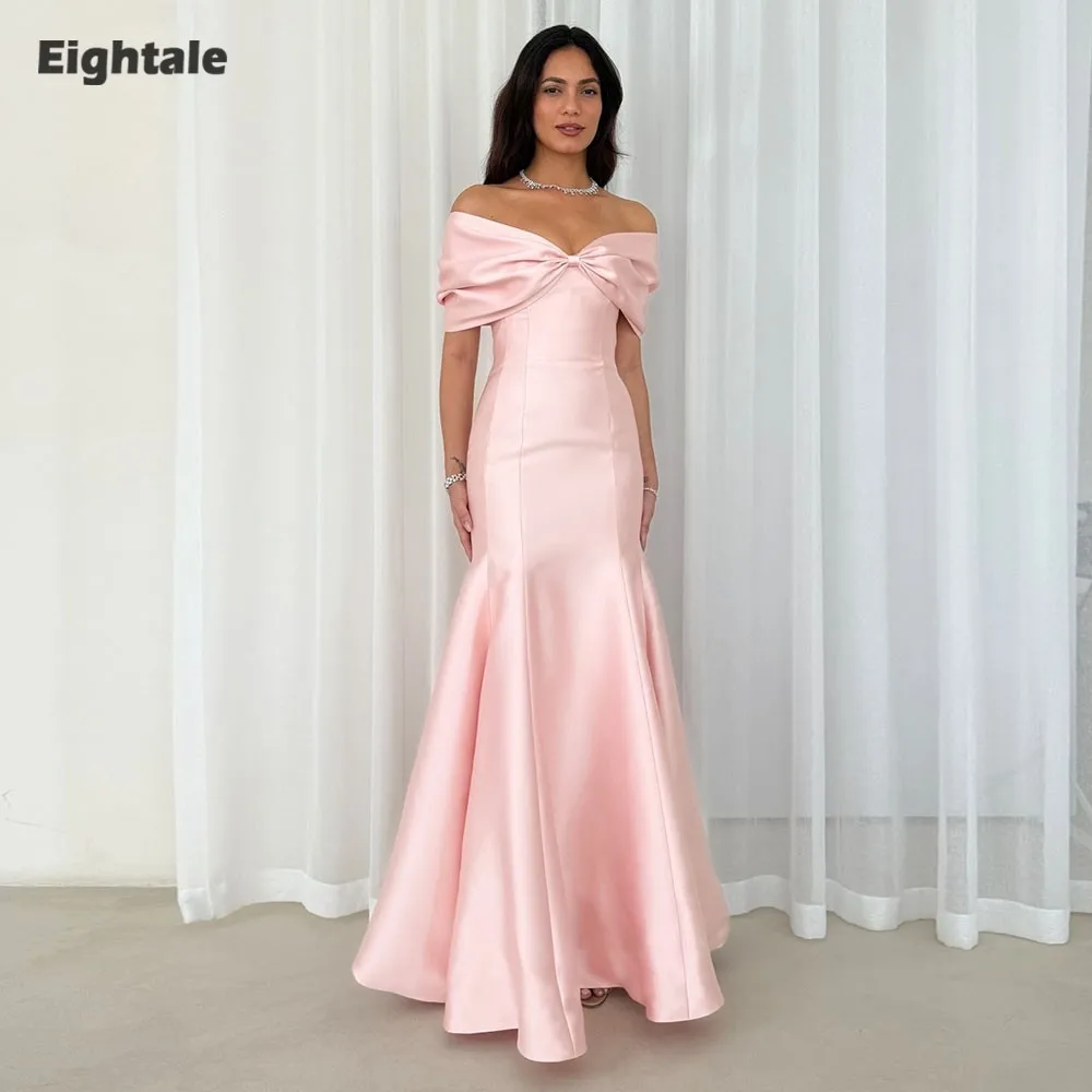 

Eightale Elegant Evening Dress Off the Shoulder Customized Floor Length Satin Pink Mermaid Prom Wedding Party Gowns