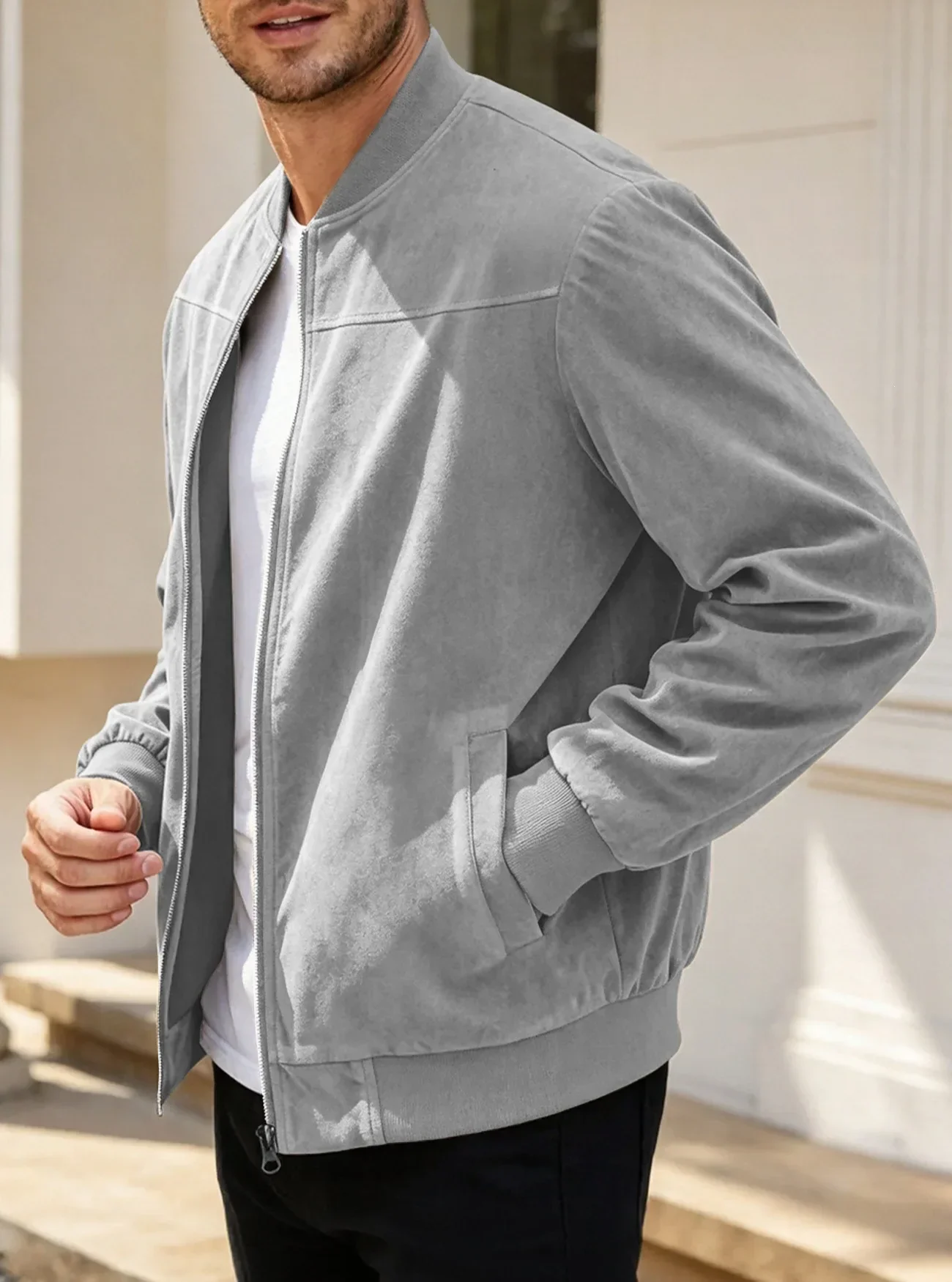 Herren-Wildlederjacke mit durchgehendem Reißverschluss, Stehkragen, lässig, langärmelig, einfarbig, leichte Streetwear-Oberbekleidung – Detail 22