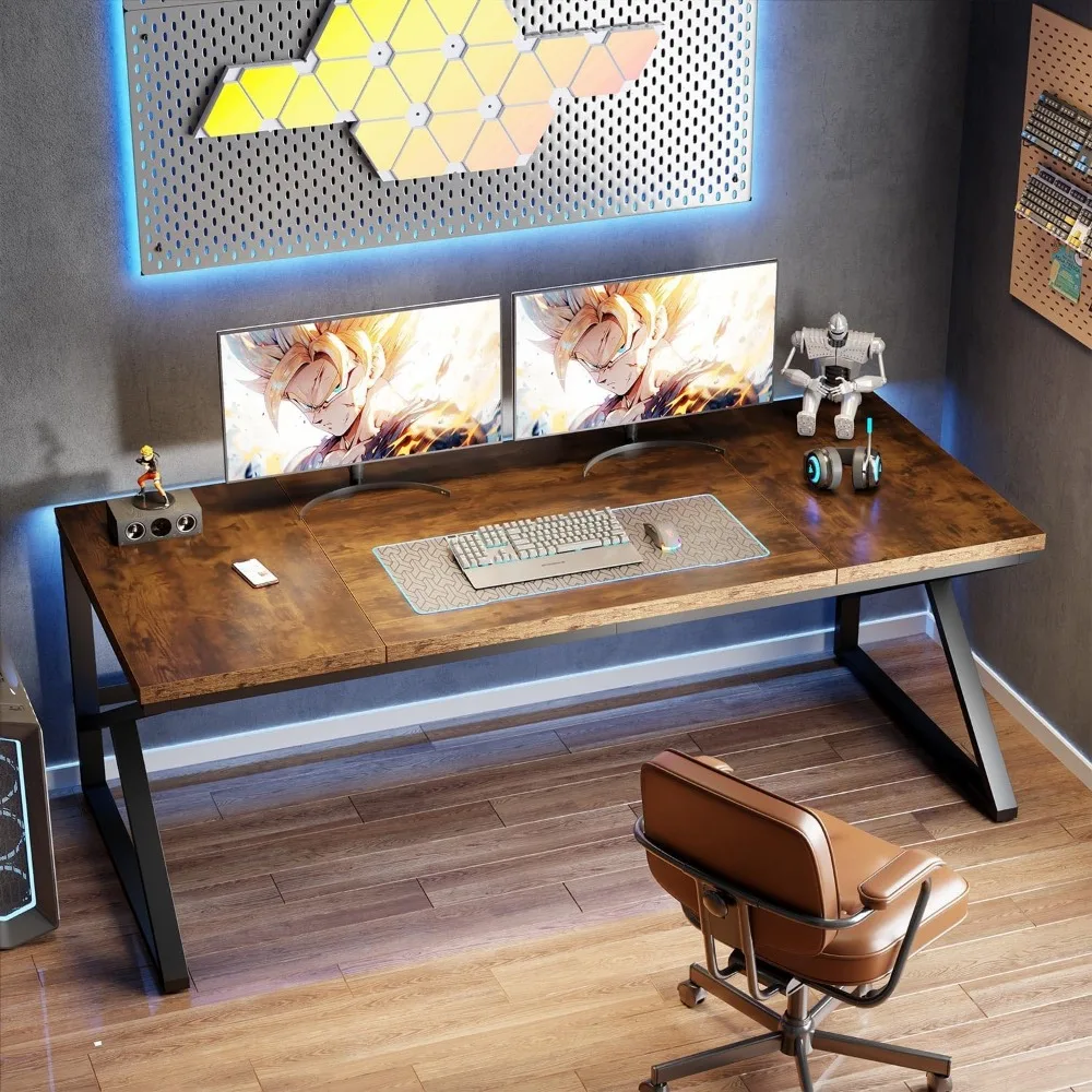 مكتب كمبيوتر بني ريفي كبير، مكتب منزلي من الخشب المعدني مقاس 70 بوصة لشخصين، ألعاب دراسة كتابة طويلة جدًا في المزرعة #3