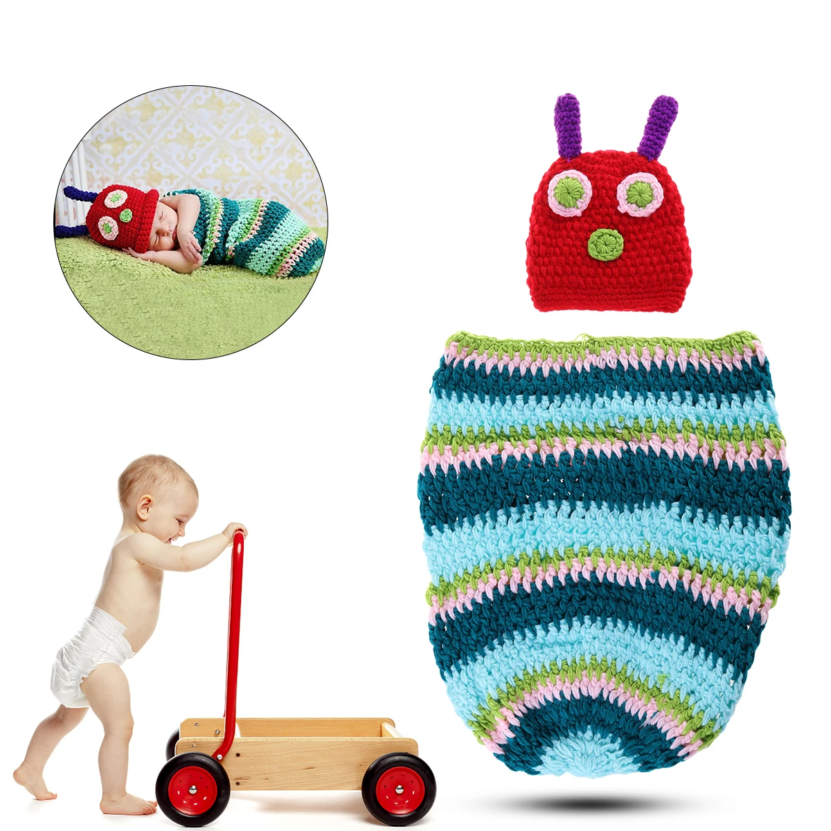 

Handmade Crochet Caterpillar Style Baby Beanie Clothes Set for Newborn Infant 3-6 Months Baby Photoshoot Props