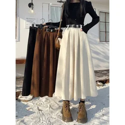 Vintage Belt Corduroy Midi Skirts Women Streetwear Black High Waist Pleated Skirt Winter Ladies Korean All Match A Line Faldas