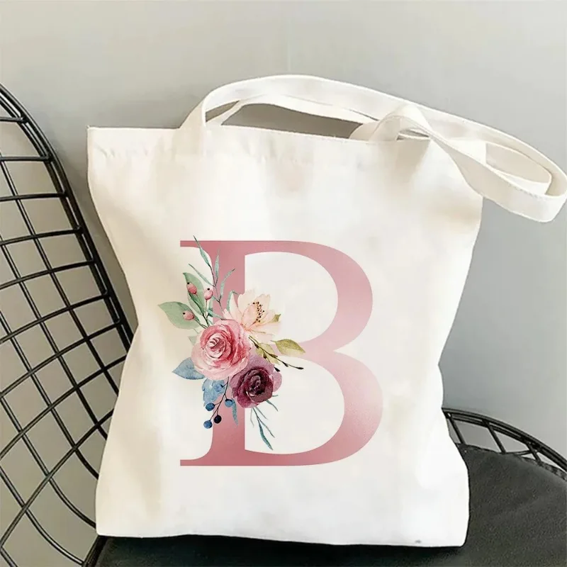 Flowers Alphabet A-Z Women Shopping Tote Bags Canvas Large Capacity Student Toiletries Organizers Casual Tote Letter Bags Gift