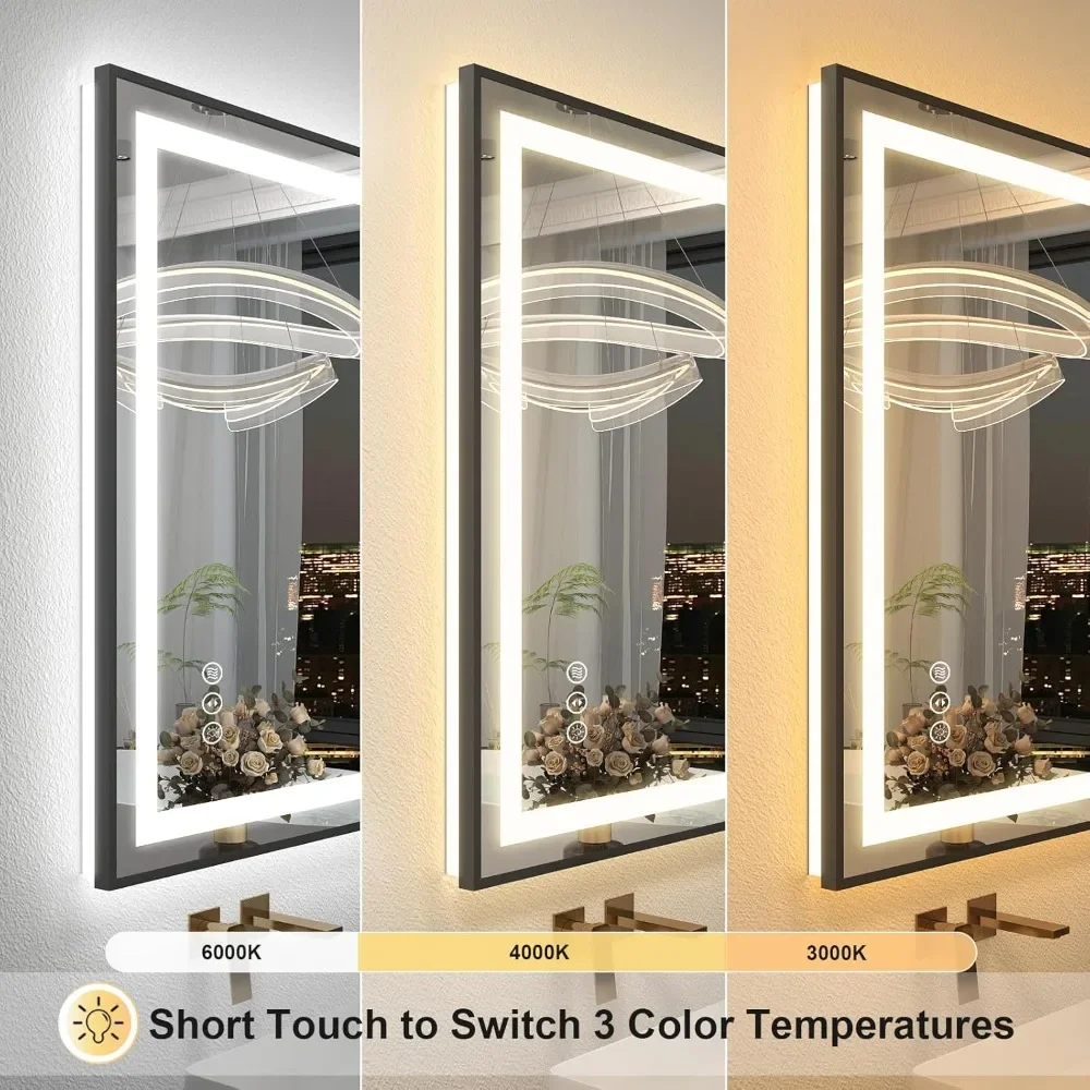 60x40 Black Framed LED Bathroom Mirror, Lighted Bathroom Mirrors with Lights, Front Light and Backlit, Dimmable