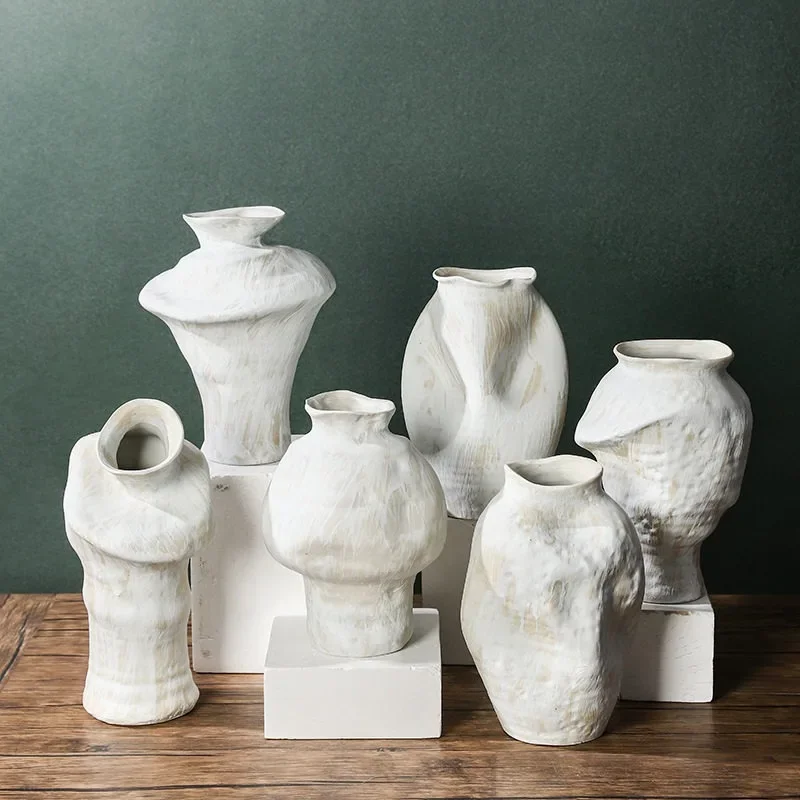 Wabi Sansan retro nostalgic concave vase white handmade high-end medium and ancient style simple ornament Jingdezhen ceramic vas