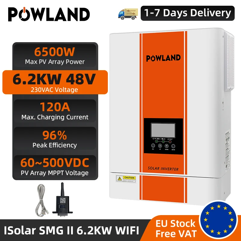 Powland 6500va hybrid solar wechsel richter 48vdc 6200w mppt 120a 60-500vdc pv eingang reiner sinus wellen inversor mit wifi unterstützung bms