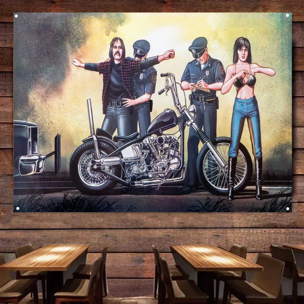 Police Check Motorcycles Rider Flag Banner Poster Decor Mural Bikers Art Wall Sign Vintage Car Man Cave Bar Club Pub Garage