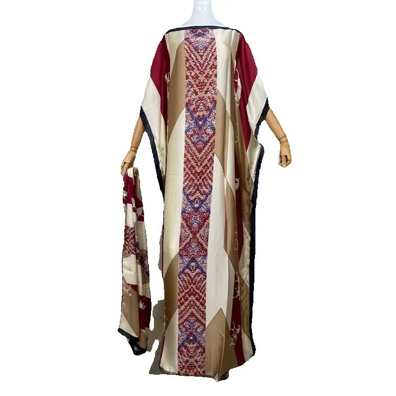 2023 African Women Bohemian Silk Printed Long Dress With Scarf Summer Promotion Muslim Lady Quality Robe Kaftan Dress