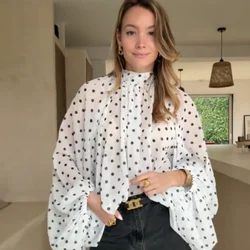  Women High Neck Puff Sleeve Blouse Light Blue Polka Dot Loose Fit Casual Top Stylish Girl Summer Date Commuter Casual Clothes